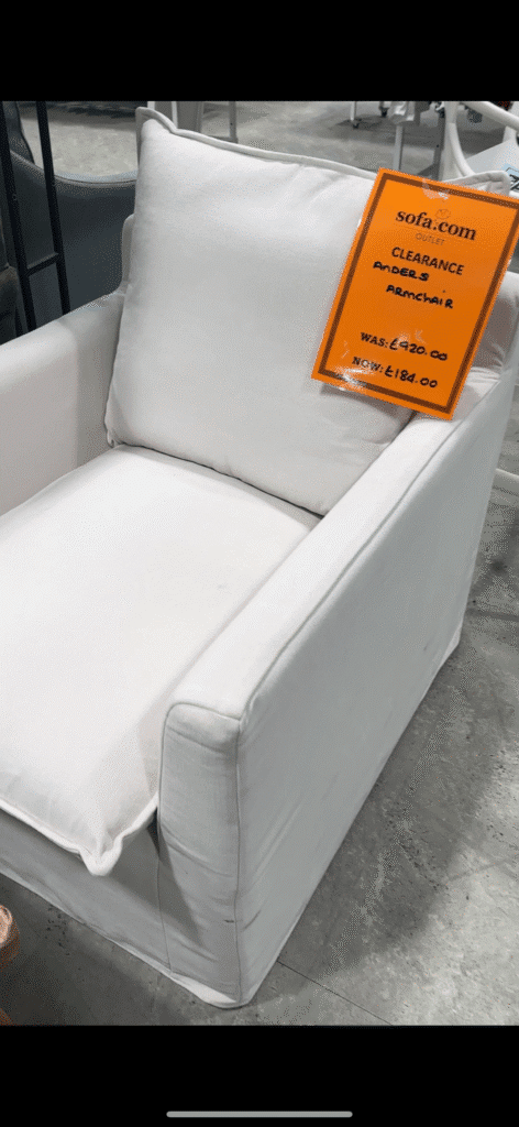 Where do interior designers buy sofas Sofa.com Anders armchair in a Brand Max outlet with a clearance tag, was £920 now £184